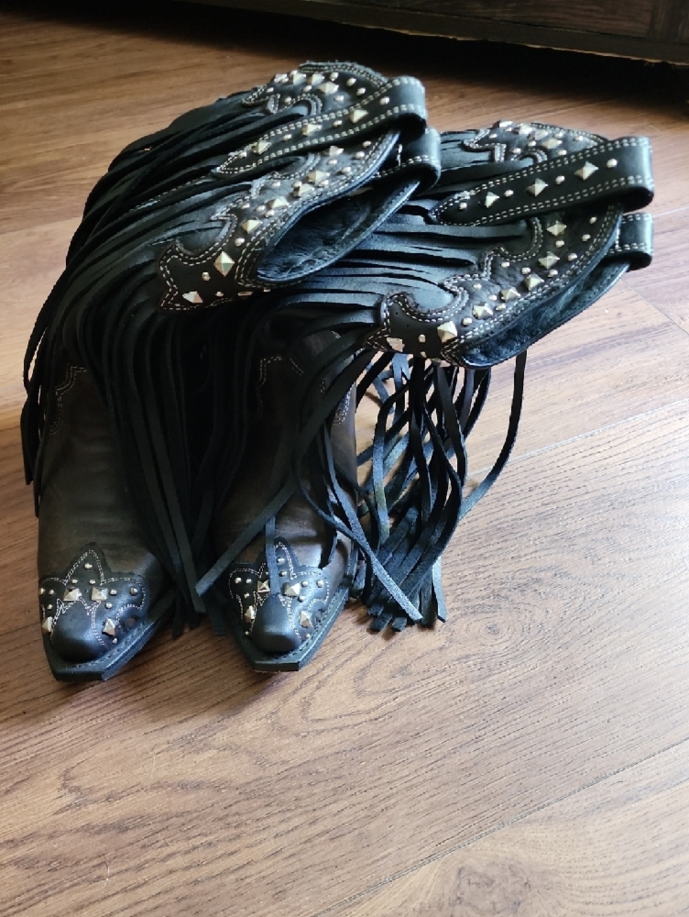 Fringe Studded Western Ankle Boots - Black/Brown with Silver Accents - Picture 10 of 13